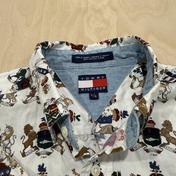 VTG Tommy Hilfiger Mens Large long sleeve button down shirt All Over Crest Logo - Picture 3 of 7